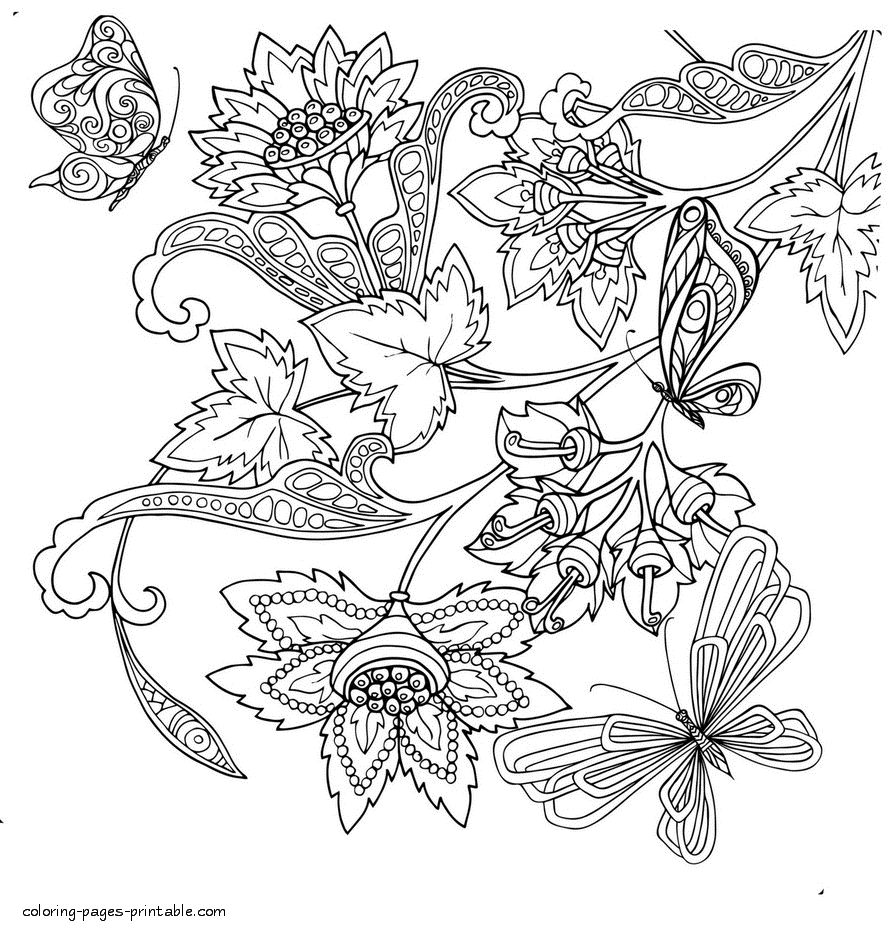Coloring Pages For Adults. Butterflies And Exotic Flowers