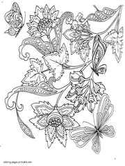 Coloring Pages For Adults. Butterflies And Exotic Flowers
