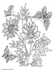 Beautiful Coloring Pages For Adults. Flower And Butterflyes