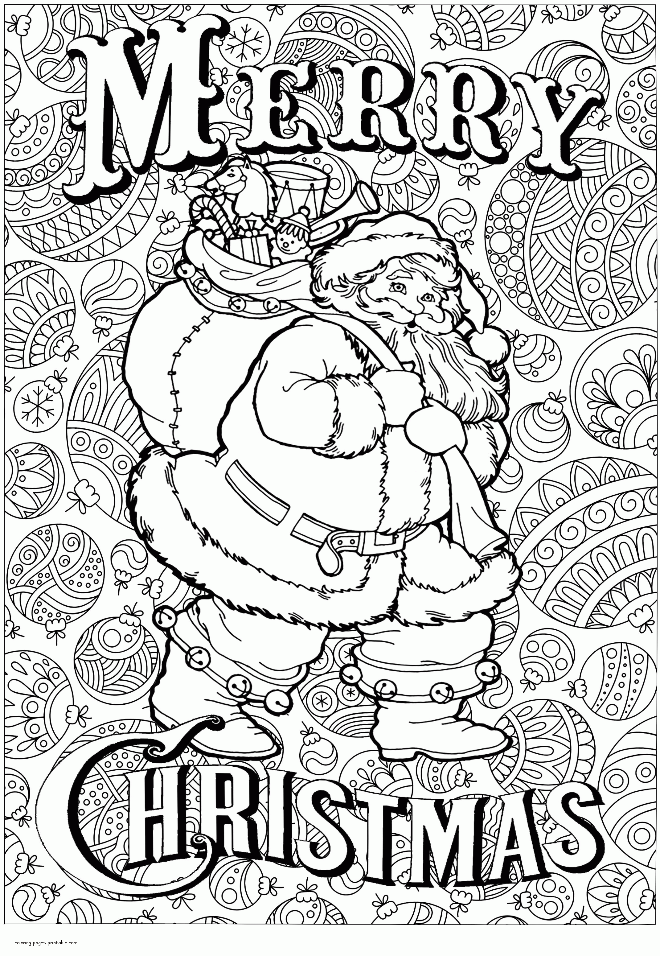 Merry Christmas Coloring Pages For Adults. Santa with a lot of gifts