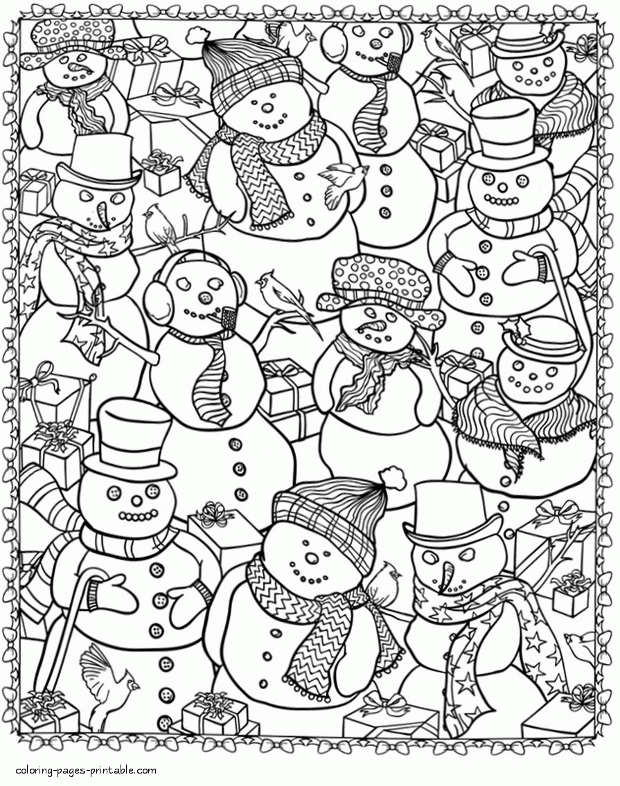 Snowmen Party Coloring Page For Adult. Doodle