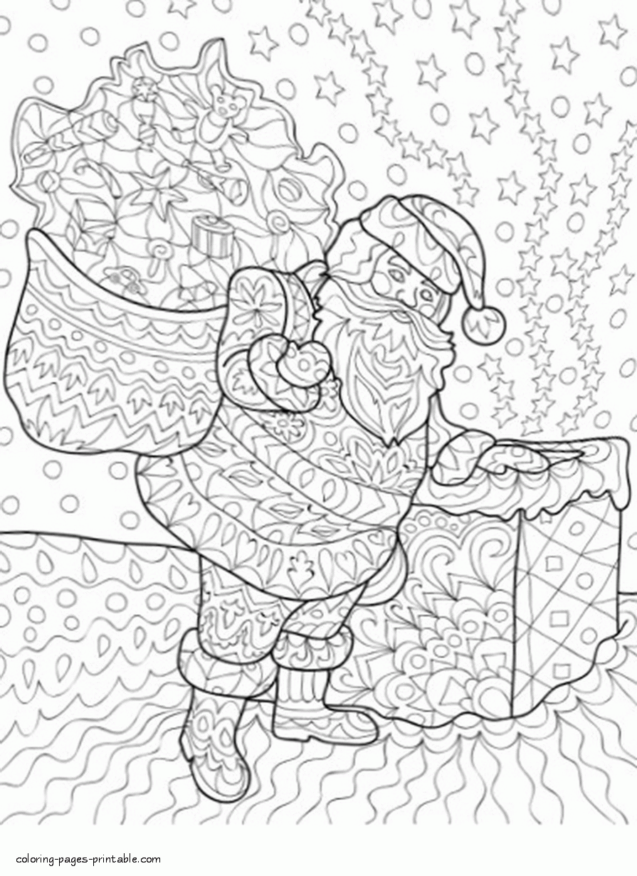Santa With Gifts Adalt Coloring Pages for free
