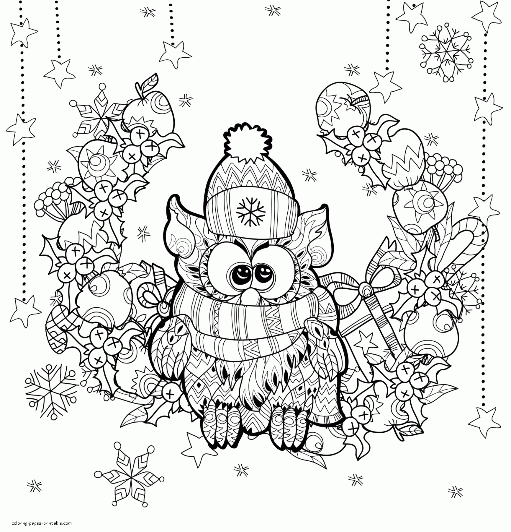 Christmas Owl Coloring Page For Adult || COLORING-PAGES-PRINTABLE.COM