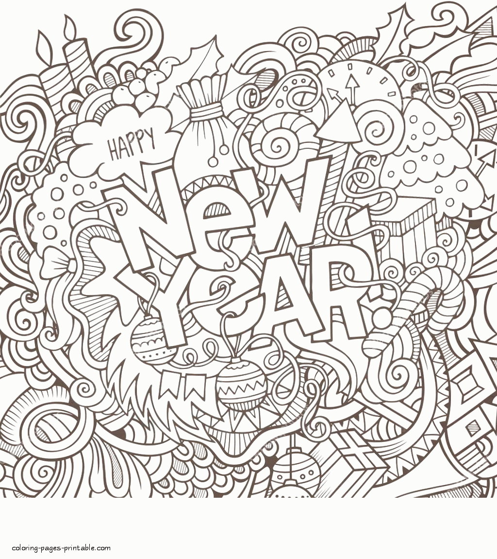 New Year Adult Coloring Page || COLORING-PAGES-PRINTABLE.COM