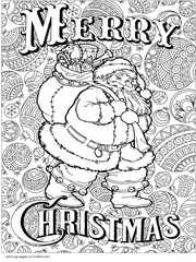 Merry Christmas Coloring Pages For Adults. Santa with a lot of gifts