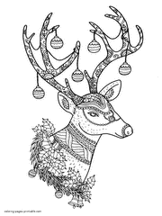 Free Christmas Reindeer Colouring Pages For Adults. Decorated horns