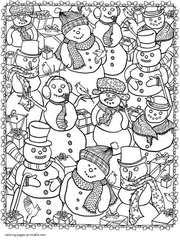 Snowmen Party Coloring Page For Adult. Doodle