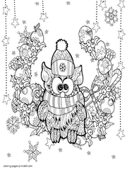 Christmas Coloring Page For Adult. Winter dressed Owl 