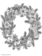 Christmas Wreaths Coloring Pages Created For Adults. With angels, bells and toys