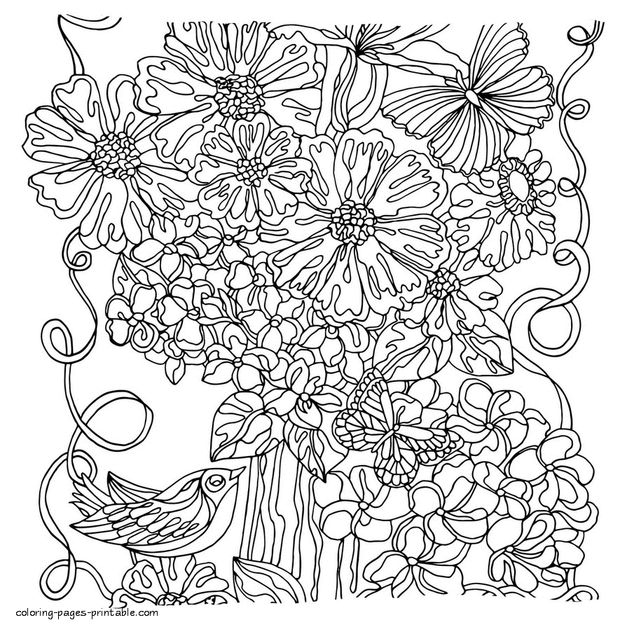 Flowers, Butterflies And Birds Coloring Page    COLORING PAGES ...