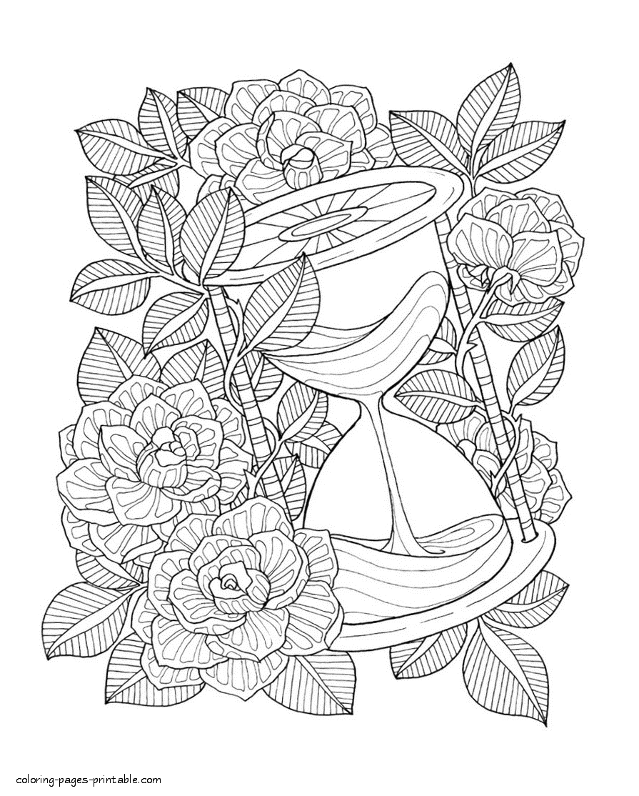 Roses And Hourglass Coloring Page For Adults