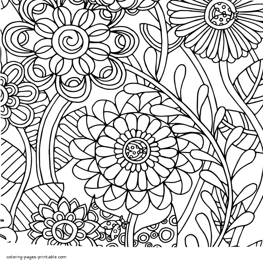 Flowers And Ladybugs. Adult Coloring Page || COLORING-PAGES-PRINTABLE.COM