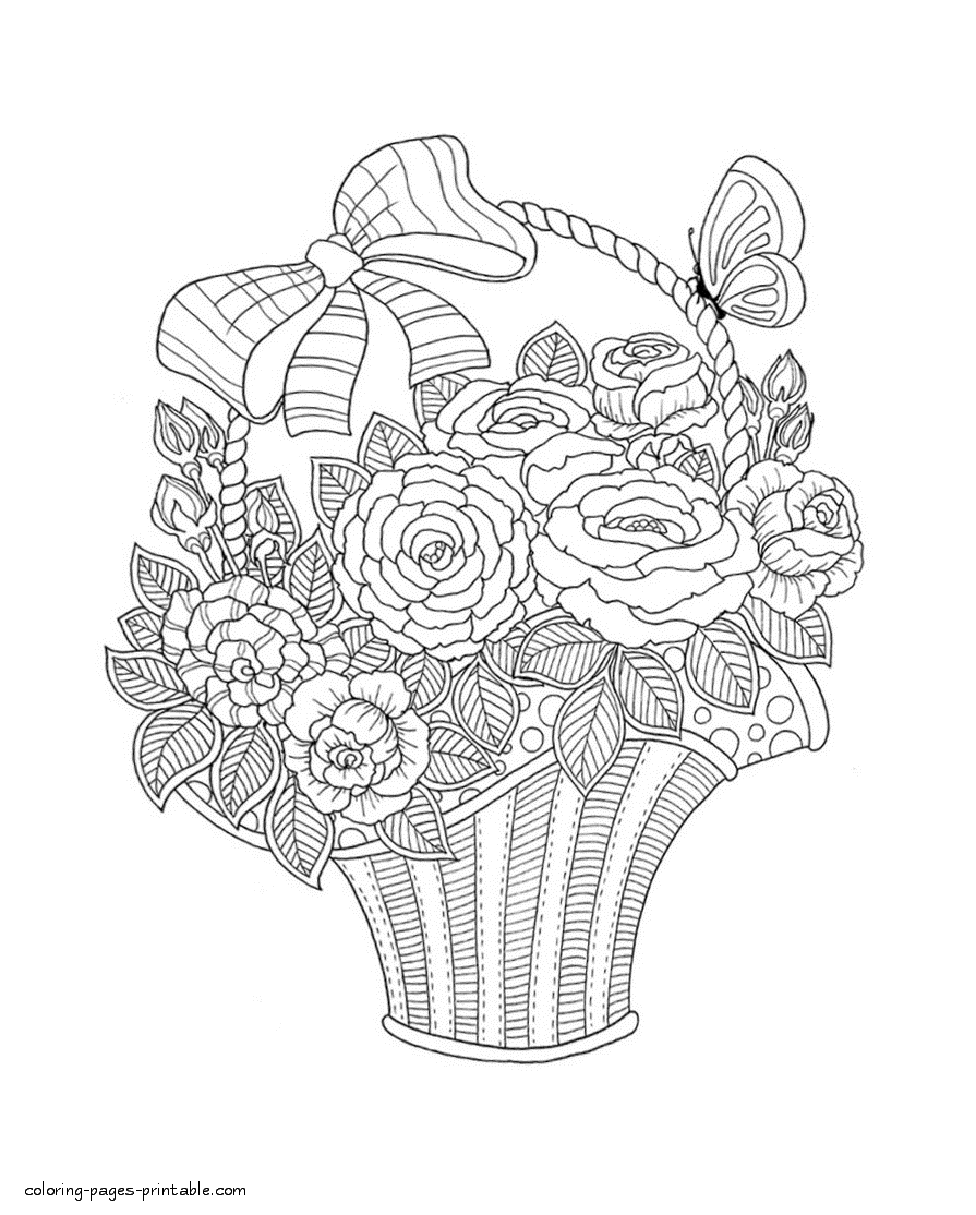 Roses In A Basket Coloring Page || COLORING-PAGES-PRINTABLE.COM