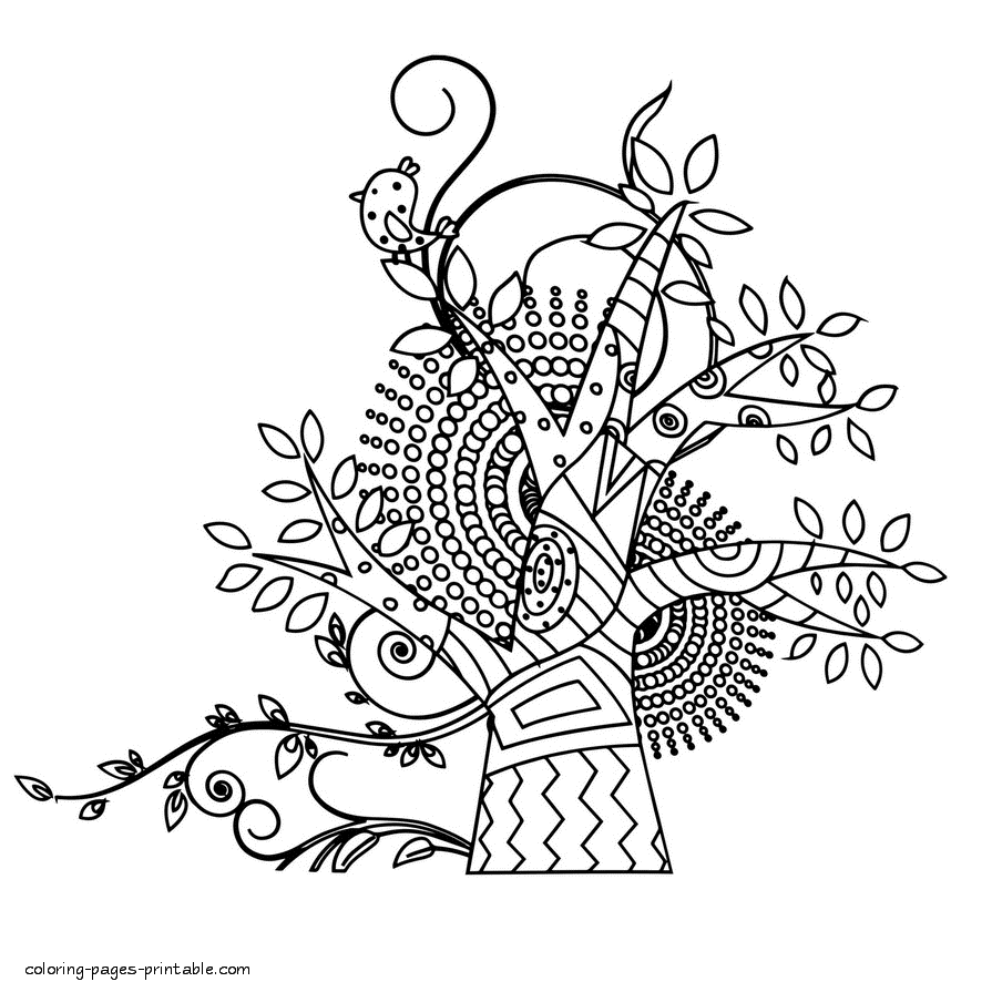 Blooming Tree And A Bird. Adult Coloring Pages Free