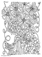 Flowers, Butterflies And Birds Coloring Page For Adults