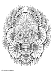 Printable Coloring Page Flowers And Skull For Adults