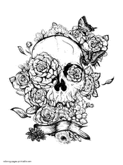 Skulls With Flowers Coloring Pages For Adults