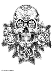 Detailed Coloring Page Of Skull And Flowers