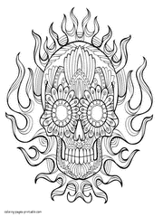Skull And Flame Coloring Page For Adults To Print