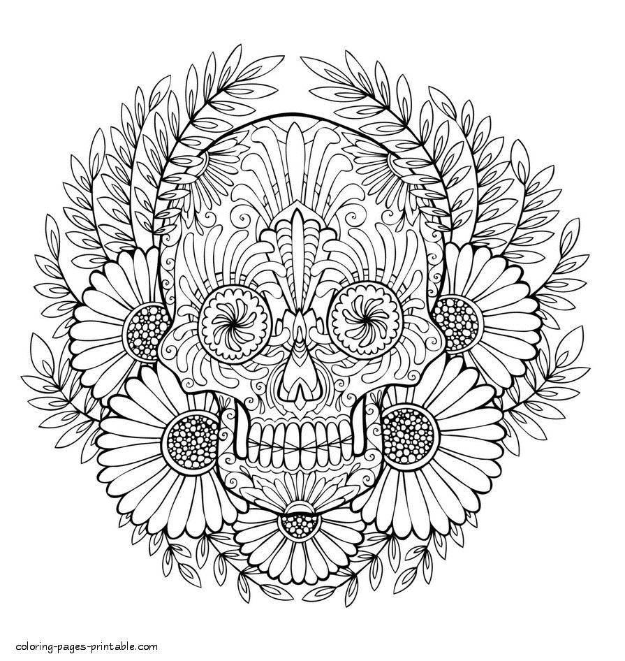Printable Coloring Page Flowers And Skull For Adults