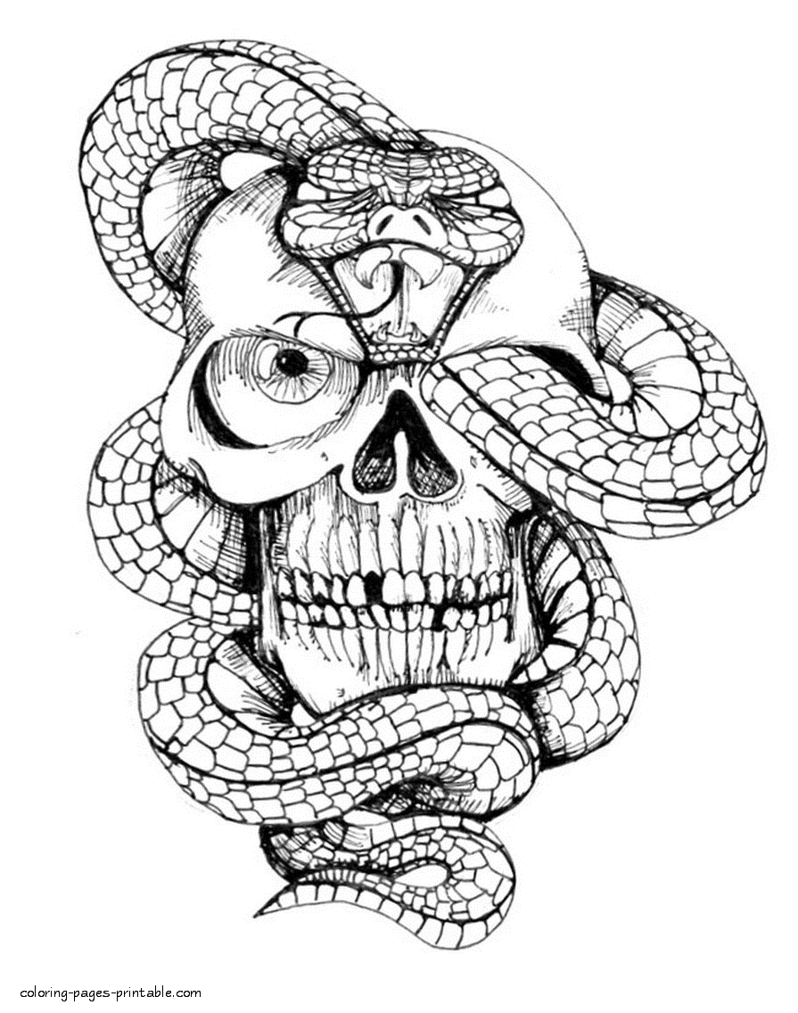 Skull And Snake Coloring Page For Adults || COLORING-PAGES-PRINTABLE.COM