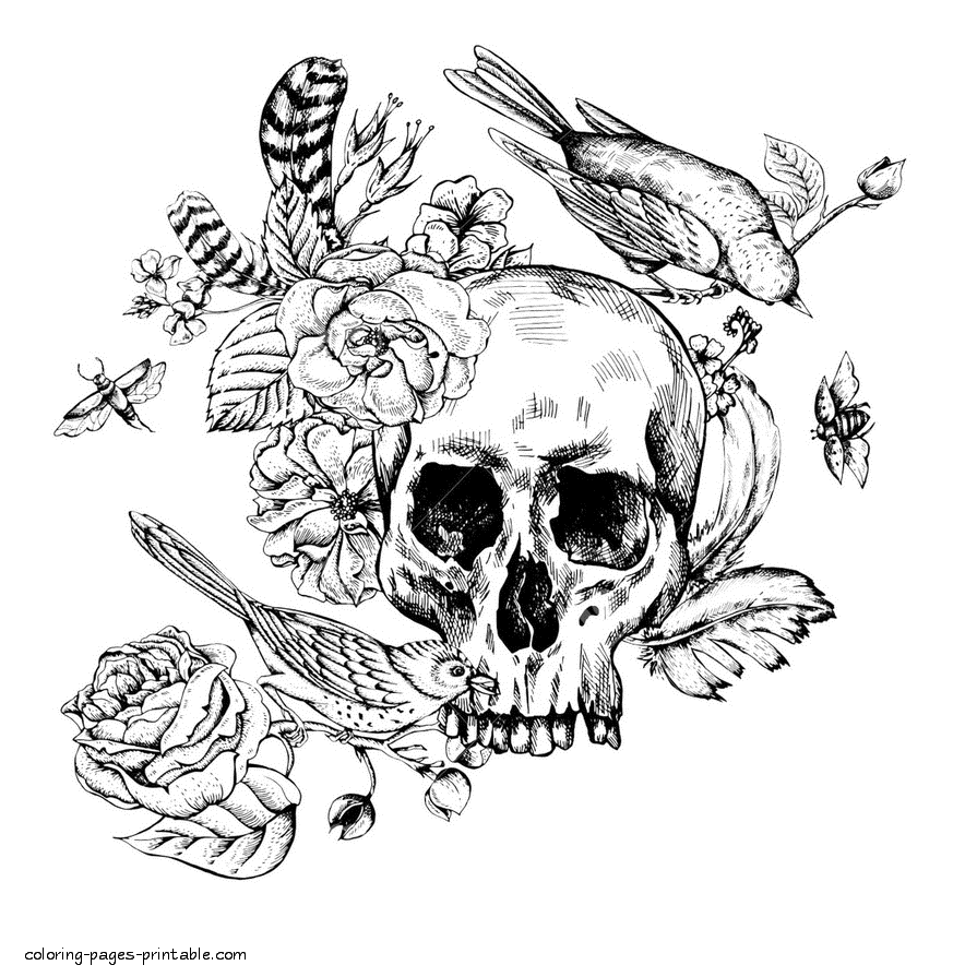 Skull, Flowers And Birds Coloring Page For Adults