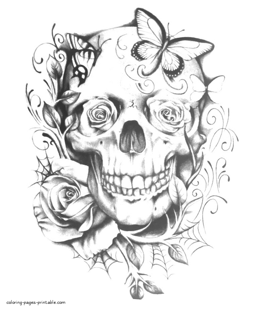 Skull, Roses And Butterflies Coloring Page || COLORING-PAGES-PRINTABLE.COM