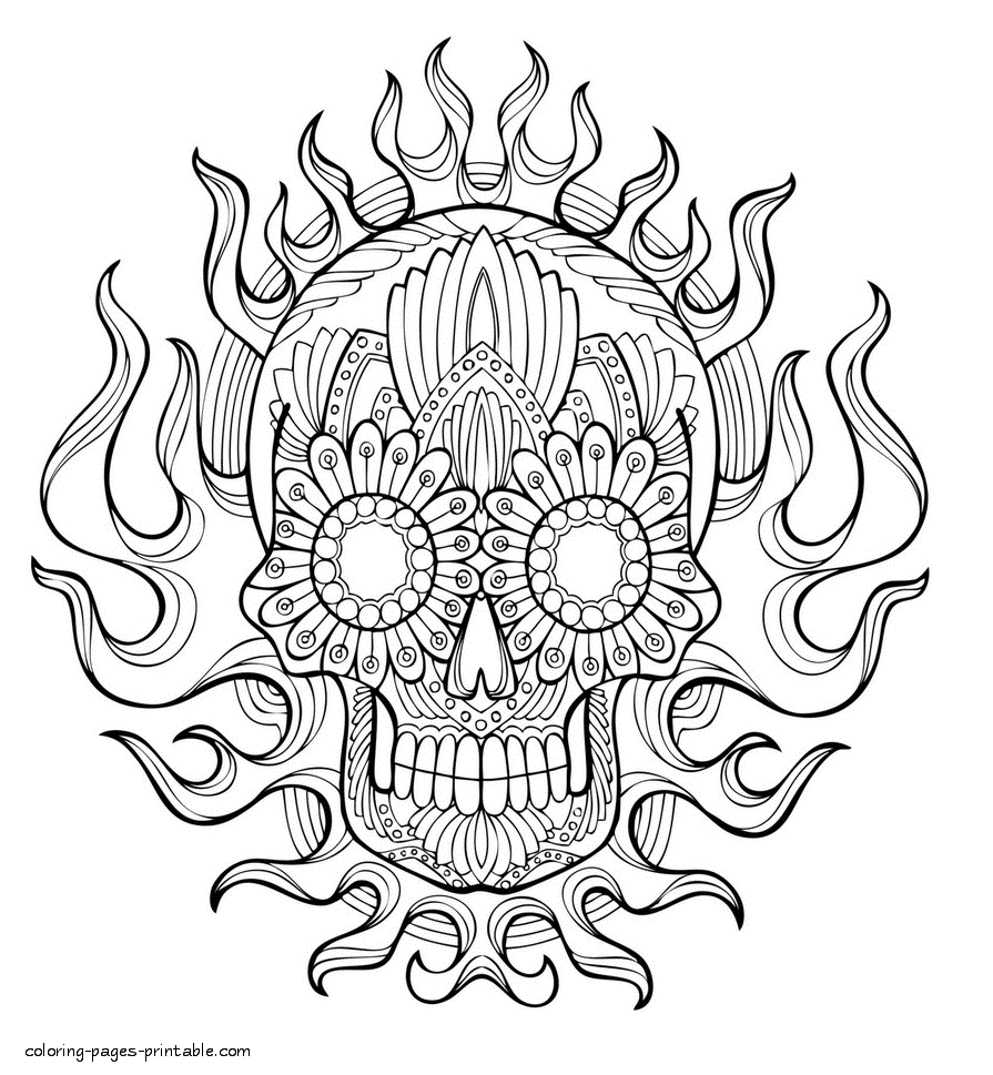Skull And Flame Coloring Page For Adults To Print