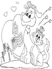 Independence day coloring page with the dog and the cat to print
