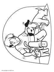 A boy with two pets coloring page. Dog and cat