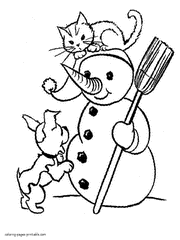 Dog and cat play with Snowman - coloring page