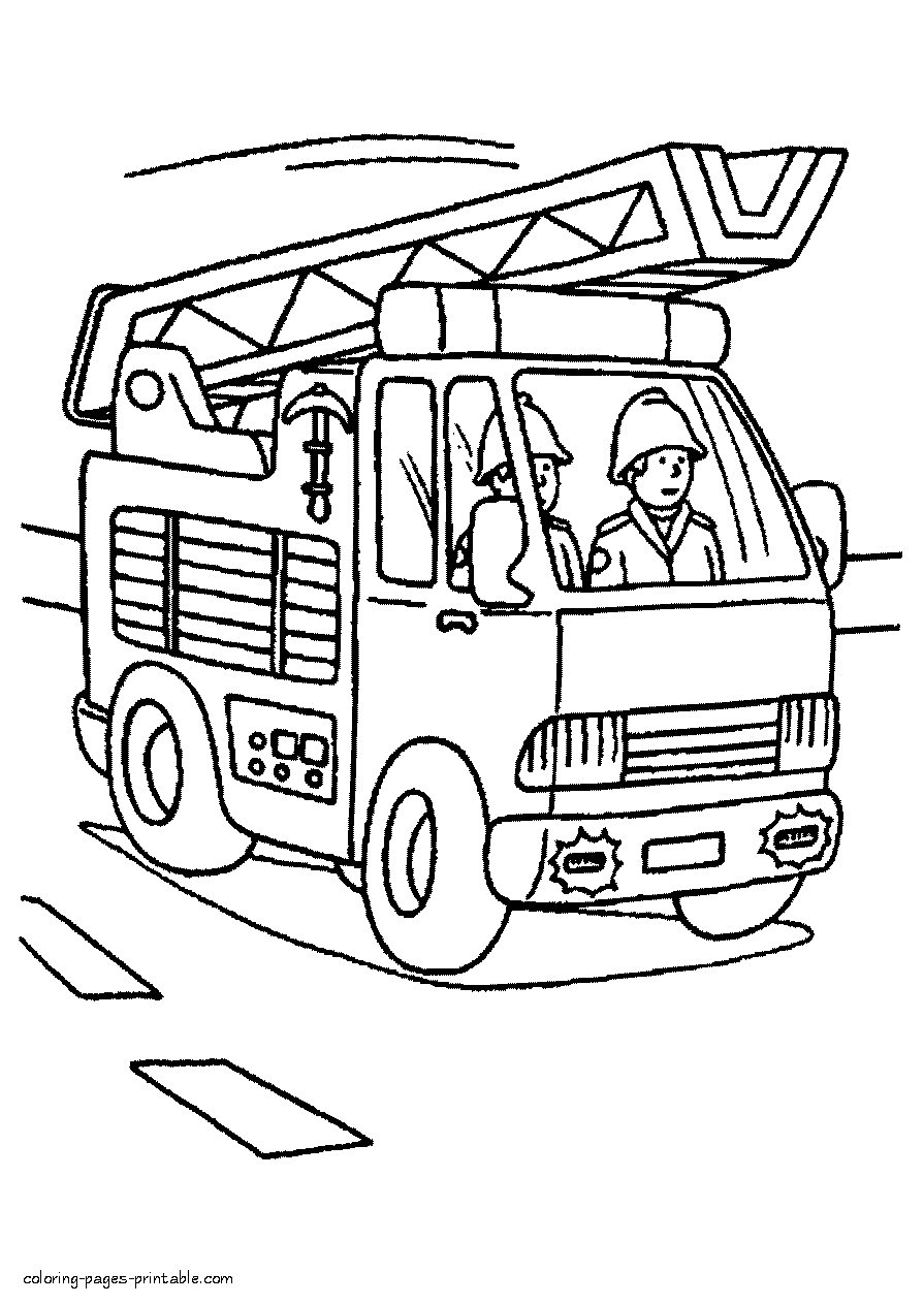 Fire truck with firefighters coloring page. Print it free