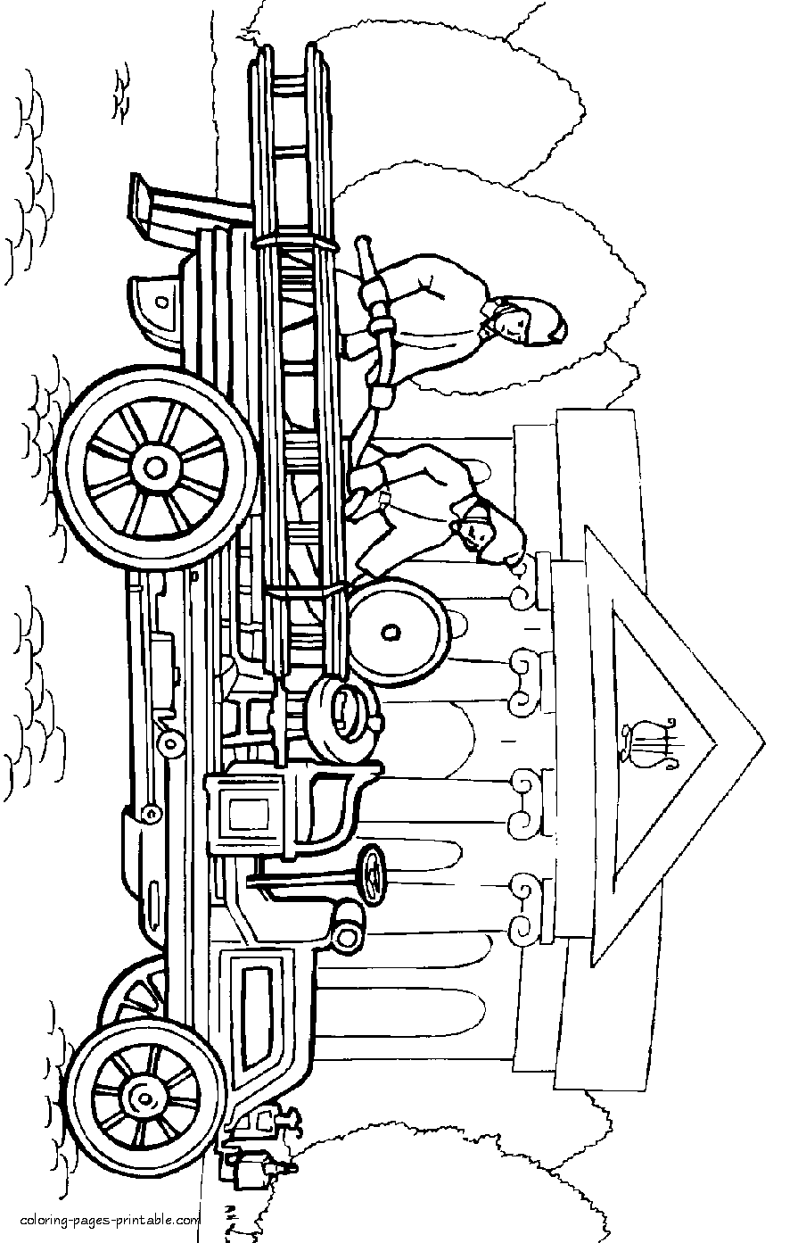 Old fire engine coloring page. 1904 release