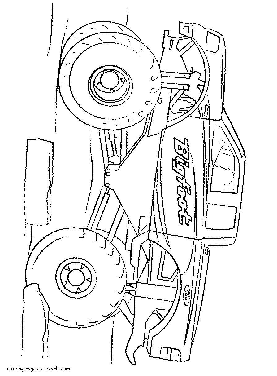 Monster trucks Bigfoot. Free coloring page to print