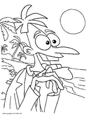 Dr. Doofenshmirtz on a beach. Coloring page from cartoon