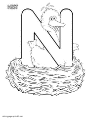 Big Bird in a nest and the letter N. Seasame Street kids coloring pages