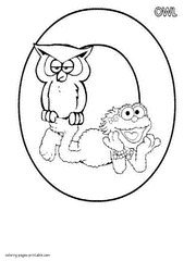 Abby Cadabby with an owl and the letter O printable page for free