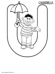 Ernie with umbrella. The letter U coloring sheet for kid
