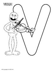 Grover with a violin and the letter V. Coloring book Sesame Street for free
