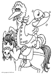 Big Bird riding a horse coloring page for children
