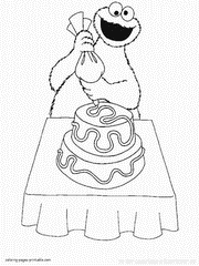Cookie Monster is decorating a cake. Sesame Street coloring pages