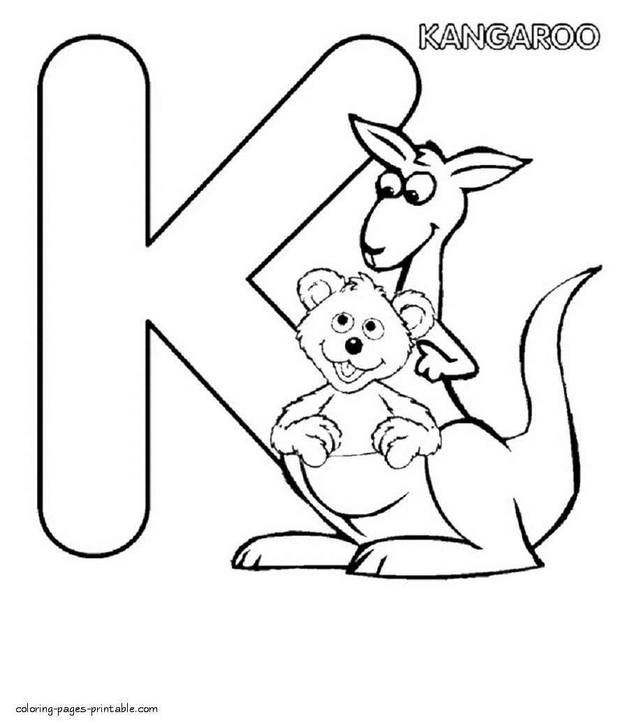 Kangaroo and the letter K coloring page to download