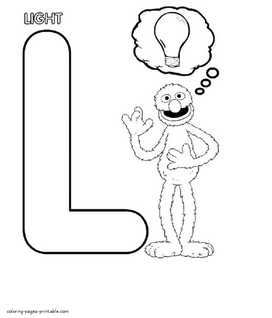 Coloring pages Sesame Street alphabet for little kids. Grover and the letter L