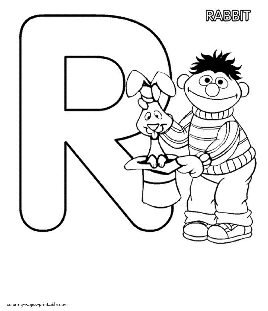 Ernie and a rabbit coloring page from Sesame Street. The letter R