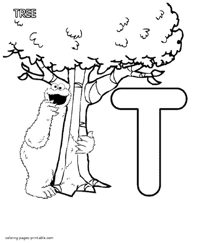 Cookie Monster and the letter T. Free coloring pages for alphabet learning