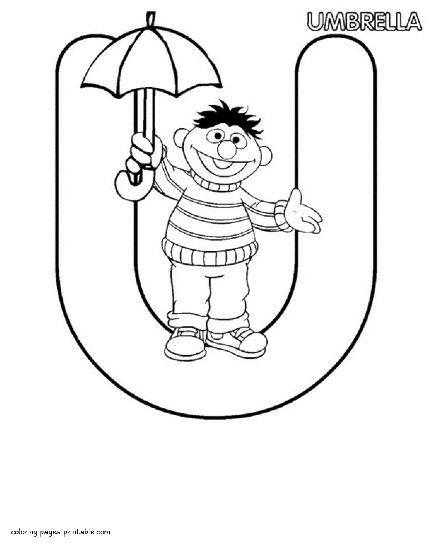 Ernie with umbrella. The letter U coloring sheet for kid