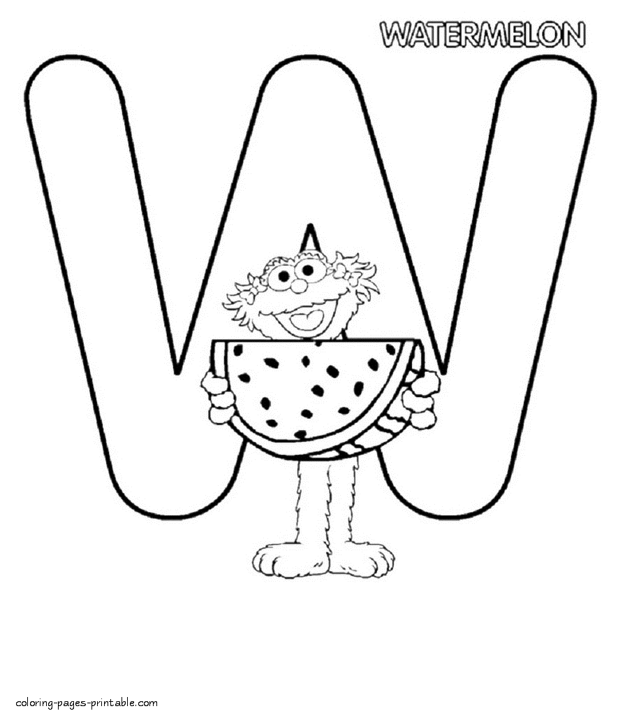 The letter W and Abby Cadabby with a piece of watermelon coloring page for girls
