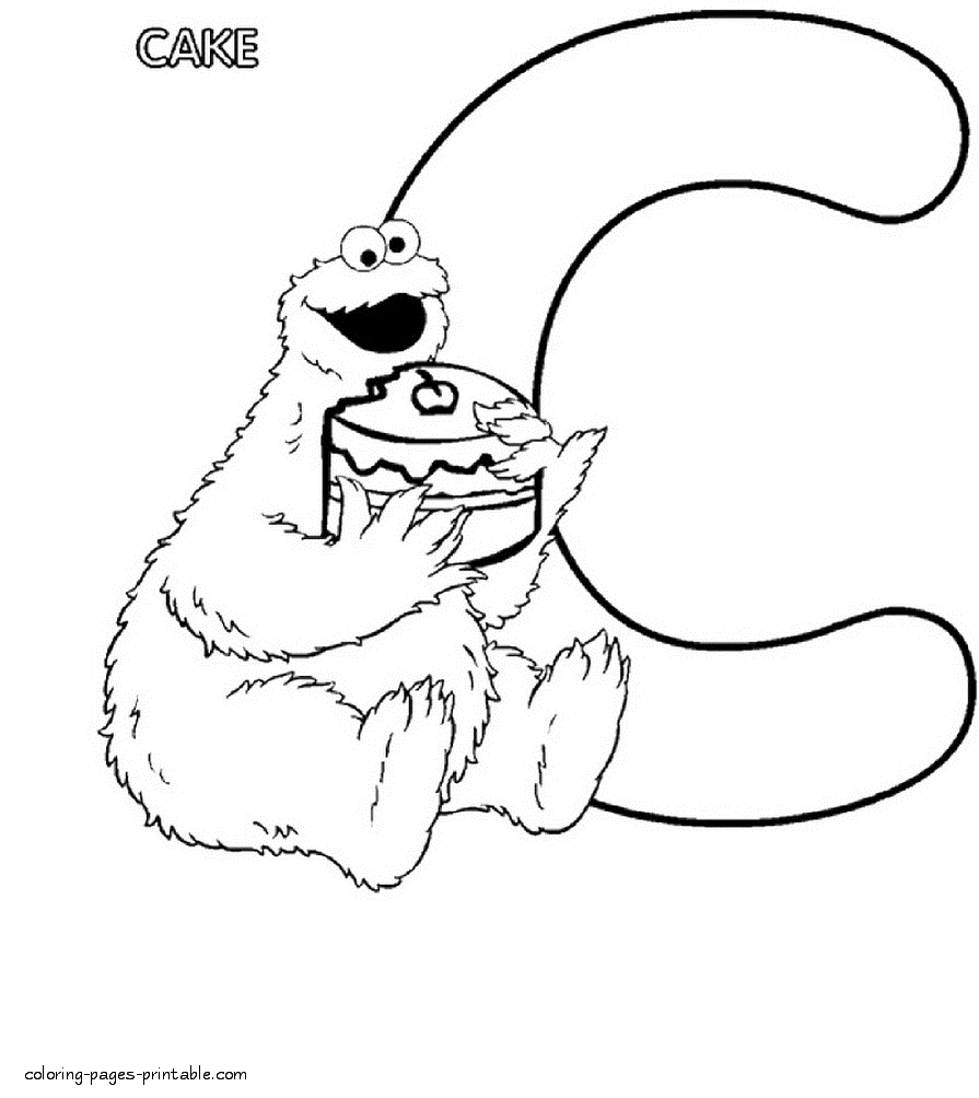 Cookie Monster eating a cake and the letter C coloring page free
