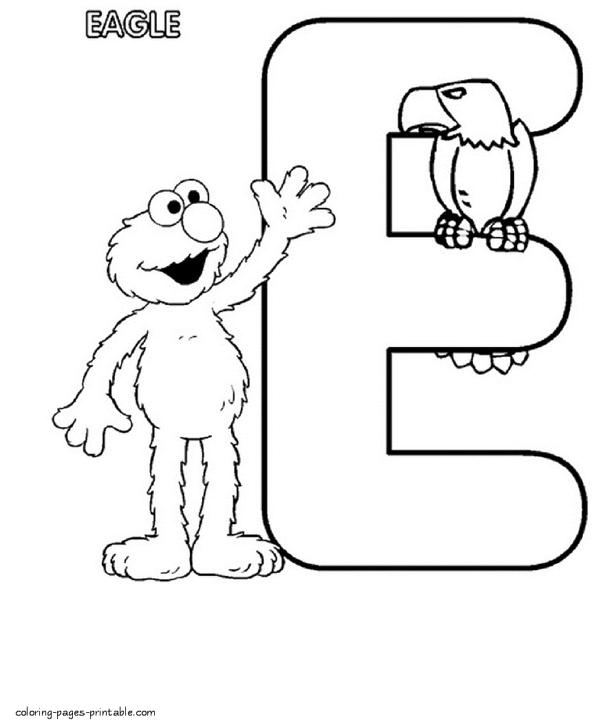 Elmo and an eagle. Free Sesame Street alphabet coloring pages. E letter