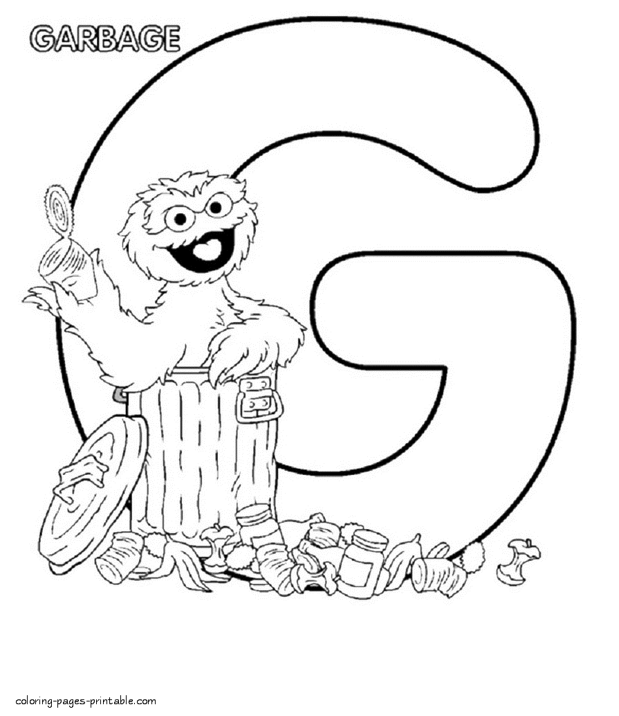 Oscar the Grouch and the letter G coloring page for toddlers